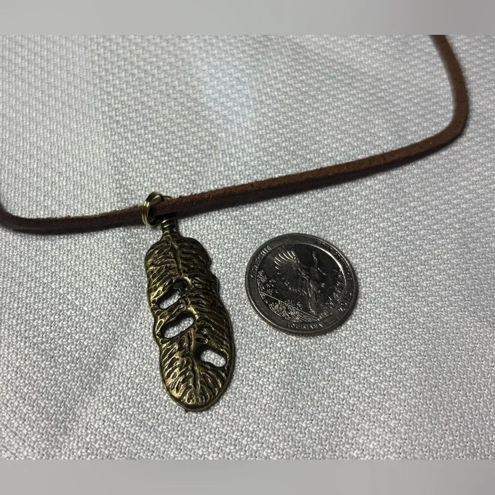 Leaf Pendant & 16” Brown Suede Necklace NWOT